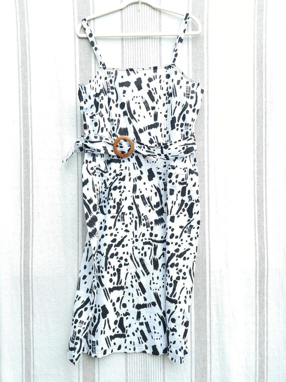ASOS Dress Womens 10 White Black Artistic Summer Sundress Midi Belted Pockets